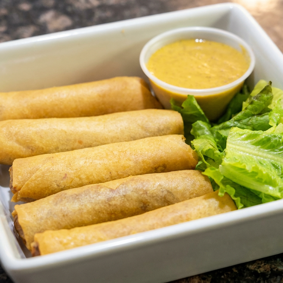 Six golden spring rolls served with lettuce and a small cup of creamy dipping sauce in a white rectangular dish.