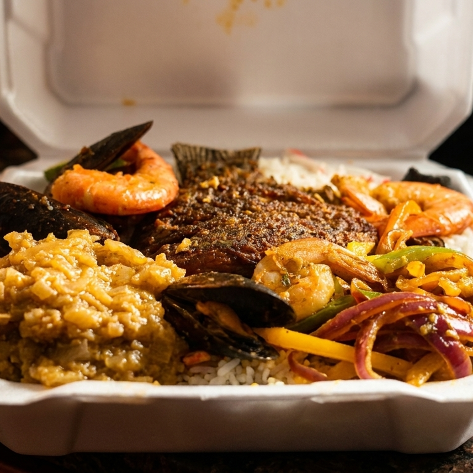 Open takeout container filled with rice, fried fish, shrimp, mussels, vegetables, and a savory fritter.