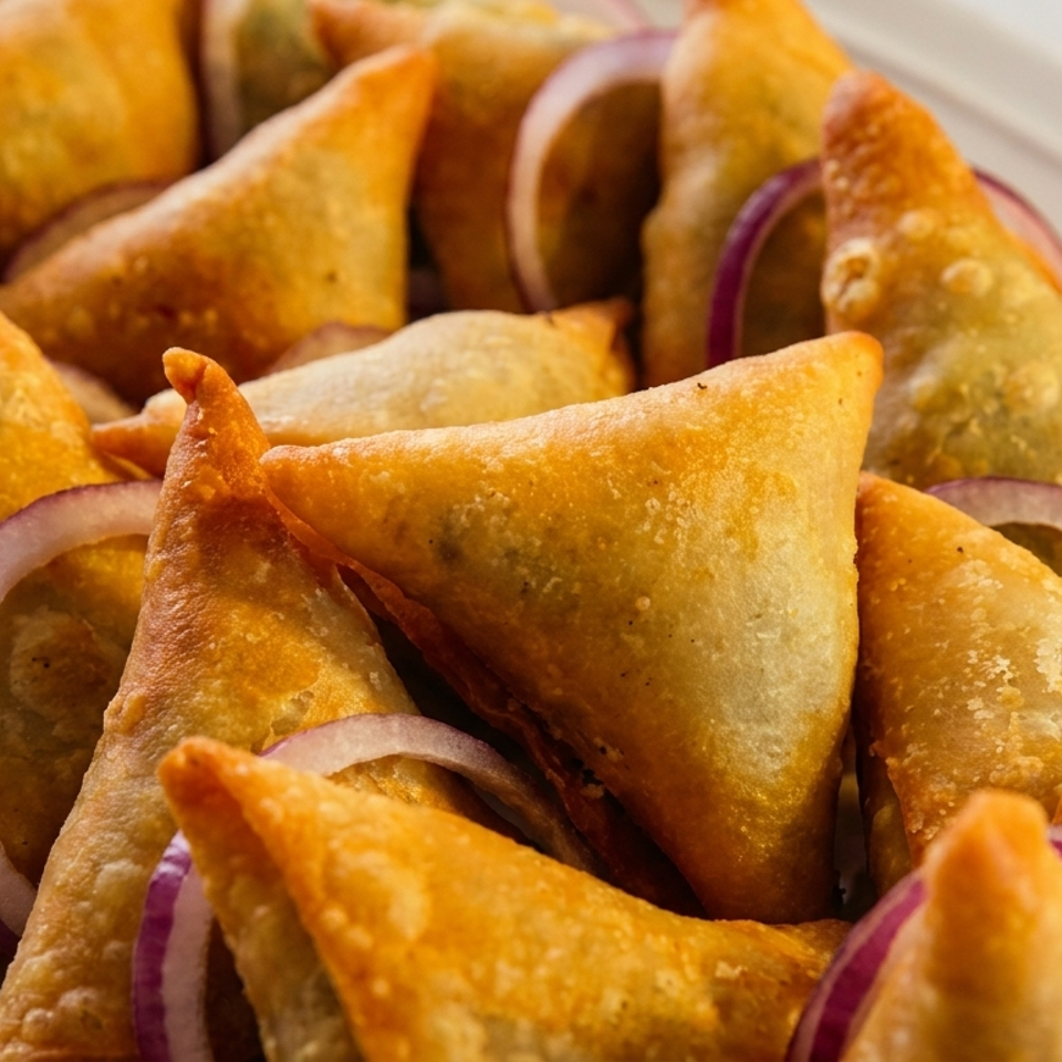 Golden fried samosas arranged on a white plate with sliced red onions.