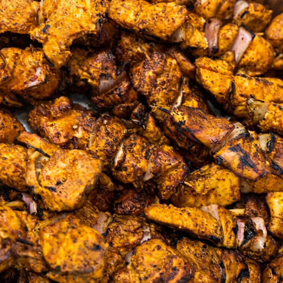Close-up of grilled, spiced chicken and onion skewers with charred edges piled together.