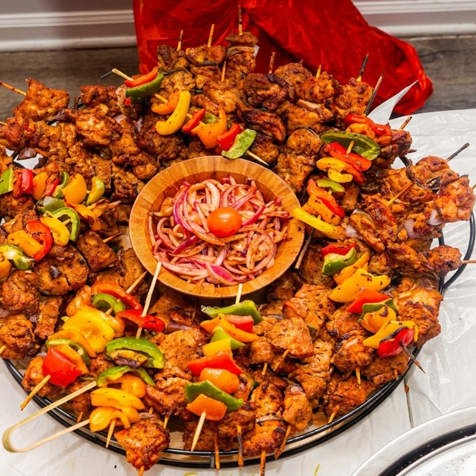 Large platter of grilled meat skewers with colorful peppers surrounds a bowl of pickled onions, alongside flatbreads and serving utensils.