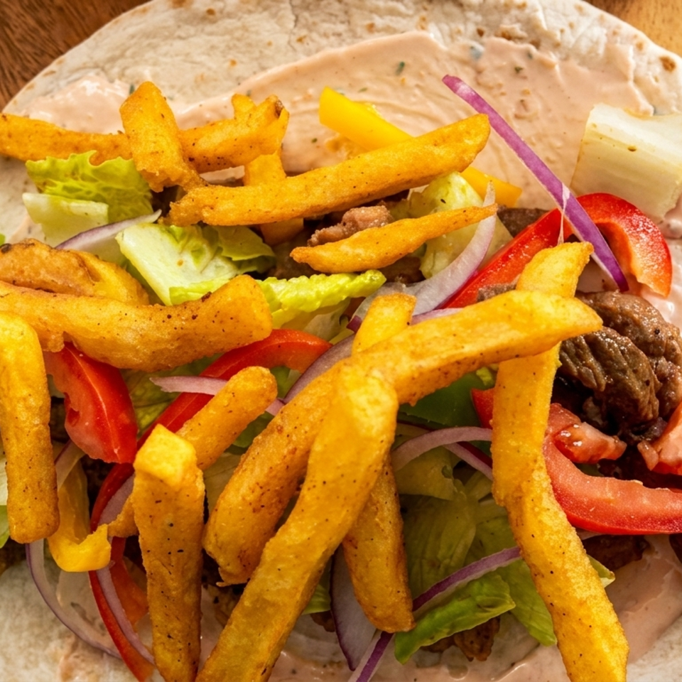Open flour tortilla topped with fries, grilled meat, lettuce, tomatoes, peppers, onions, and creamy sauce on a wooden table.